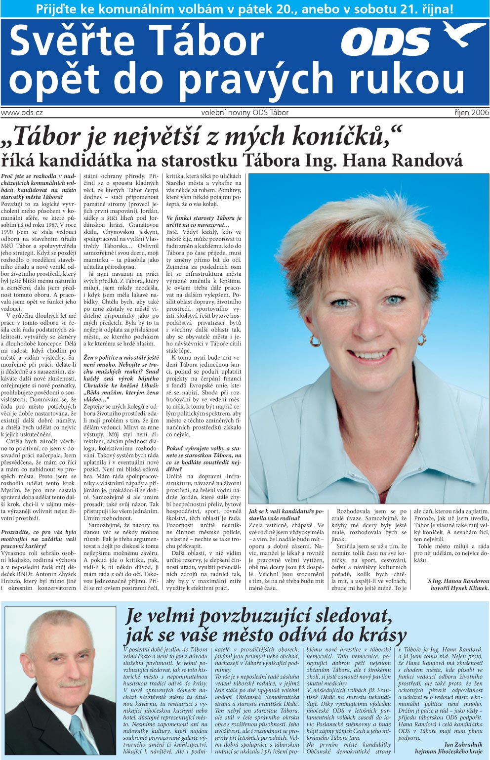 Volební noviny OS ODS Tábor, říjen 2006, strana 1